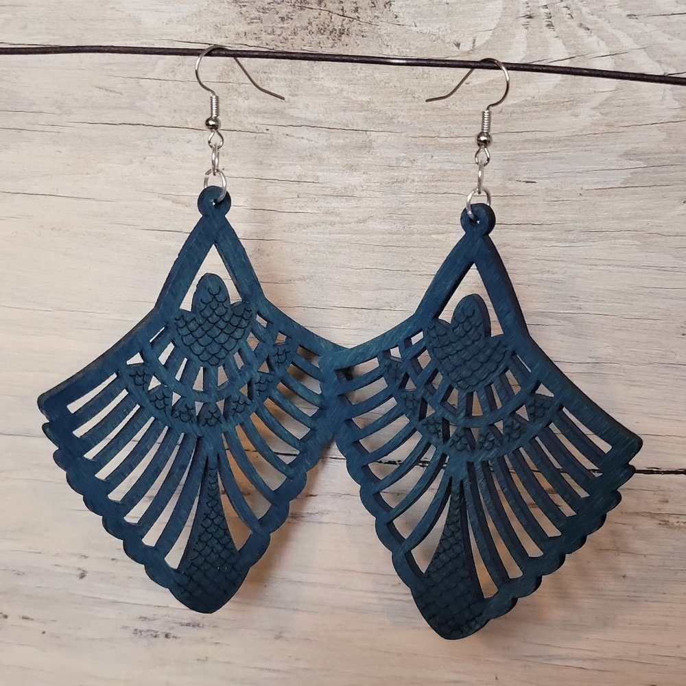 Wood Earrings - Teal Ornate Fan